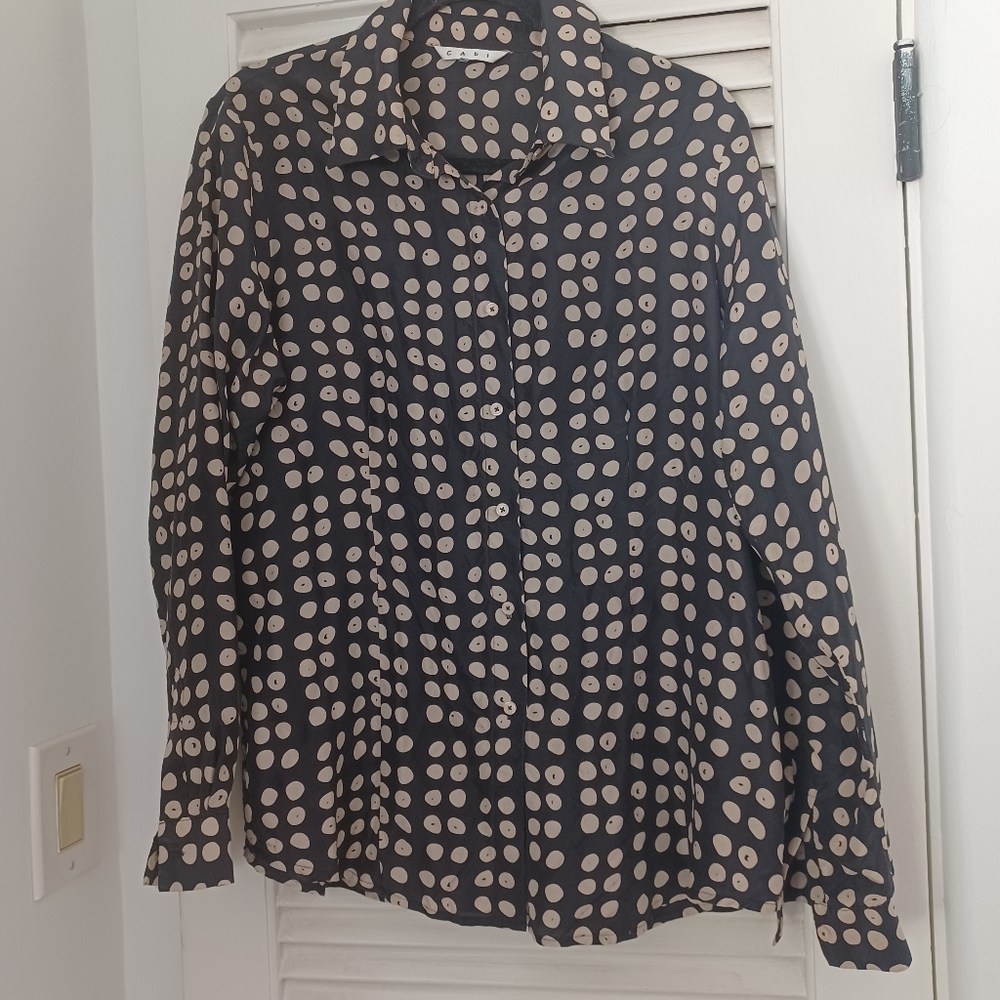 Cabi Silk Women Button Down Blouse Brown Casual Office Business work L polka dot